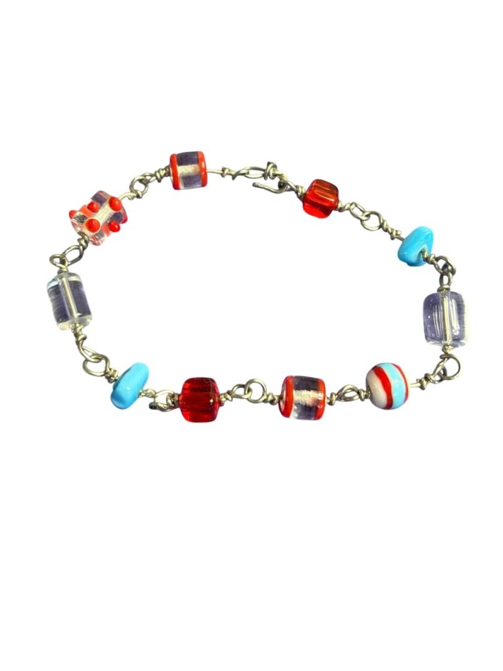 Artisan Glass Beaded Silvertone Wire Chain Bracelet Lampwork Hook Clasp 7.25 in